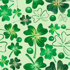 Seamless pattern with clover (trifolium) leaves on green background. Decoration for print, clothes