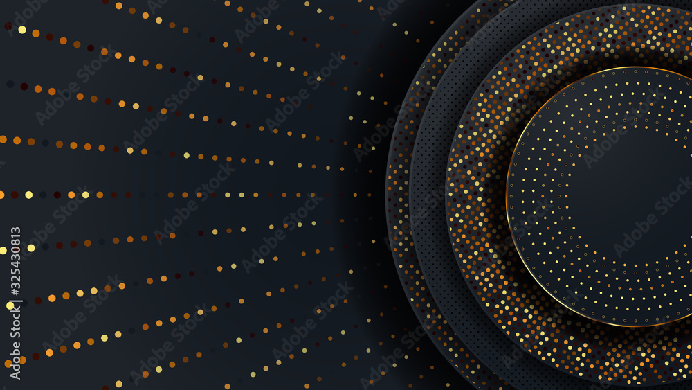 Poster abstract luxury pattern on dark blue with gold dot background. golden particle pattern and round cir