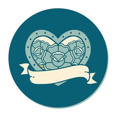 tattoo style sticker of a heart and banner with flowers