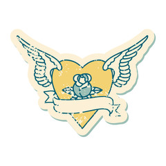 distressed sticker tattoo style icon of a heart with wings a rose and banner