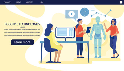 Landing Page Advertising Modern Scientific Laboratory for Robots Production. Female Engineers and Scientists Program and Code Huge Robot Using Robotics Hardware and Software. Vector Flat Illustration