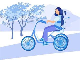 Disabled Paralyzed Woman Character with Incapability Cycling in Park. Special Bicycle for Handicapped People. Wheel Sport Equipment for Person with Physical Disorders. Vector Flat Cartoon Illustration