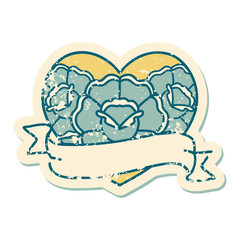 distressed sticker tattoo style icon of a heart and banner with flowers