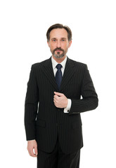 Theres no doubting he looks good. Elegant man isolated on white. Bearded man in formal style. Fashion look of mature man. Office wear for busy gentleman. Fashion and style. Man and businessman