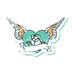 distressed sticker tattoo style icon of a flying heart with flowers and banner