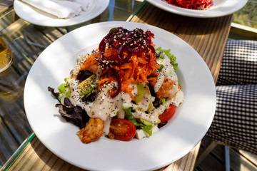 Western Cape, South Africa. Dec 2019.  Customers view of a delicious prawn salad on a dining table.