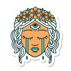 tattoo style sticker of female face with third eye crying