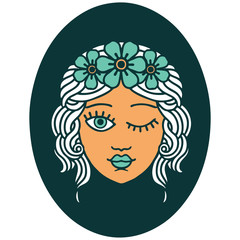 tattoo style icon of a maiden with crown of flowers winking