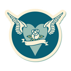 tattoo style sticker of a flying heart with flowers and banner