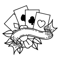 black line tattoo of cards and banner