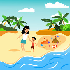 Mom and son relaxing on the beach. Summer vacation. Illustration vector design.
