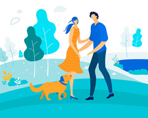 Leisure with Pet, Happy Couple Playing with Dog in Beautiful Park with Pond, Characters Spend Time with Domestic Animal, Love, Human and Animal Relation, Summer Season Cartoon Flat Vector Illustration