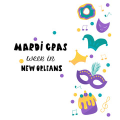 MARDI GRAS WEEK IN NEW ORLEANS  carnival party vector masquerade celebration festival icon design flat style. Black lettering with carnival mask, joker, crown, cake on white background. Celebration