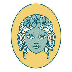 tattoo style icon of a maiden with crown of flowers