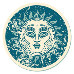 distressed sticker tattoo style icon of a sun with face