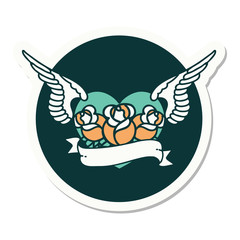 tattoo style sticker of a flying heart with flowers and banner