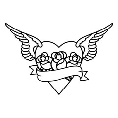 black line tattoo of a heart with wings flowers and banner