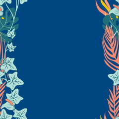 Fototapeta na wymiar Seamless pattern of tropical leaves. on a blue background. Trendy spring design. Forest colorful background. Vector template.