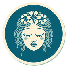 tattoo style sticker of female face with eyes closed