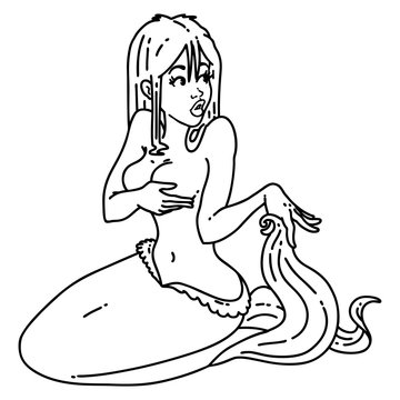 black line tattoo of a surprised mermaid