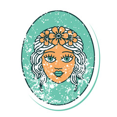 distressed sticker tattoo style icon of a maiden with crown of flowers