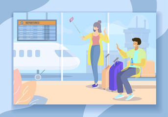 Man and Woman Making Selfie in Airport. Young Loving Couple Going for Leisure. People Waiting Departure Airplane Flight in Terminal. Summer Time Vacation Romantic Trip Cartoon Flat Vector Illustration