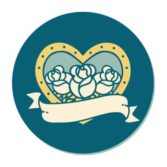 tattoo style sticker of a heart and banner with flowers