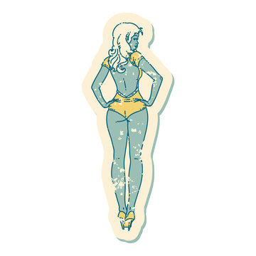 distressed sticker tattoo style icon of a pinup swimsuit girl