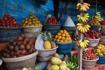 Open air fruit market in Indonesian village.
