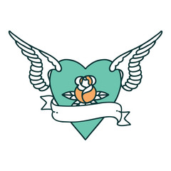 tattoo style icon of a heart with wings a rose and banner
