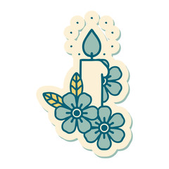 tattoo style sticker of a candle and flowers