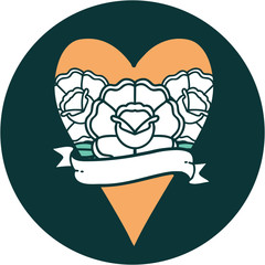 tattoo style icon of a heart and banner with flowers