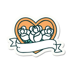 tattoo style sticker of a heart and banner with flowers