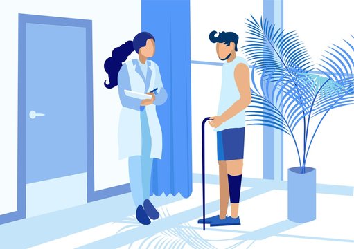 Female Doctor in Uniform Giving Advice Male Patient with Knee Injury. Physiotherapist and Patient Talking in Hospital Hallway. Medicine and Healthcare. Rehabilitation. Vector Flat Cartoon Illustration