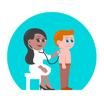 Woman pediatrician in a medical suit and a little boy. The doctor listens to the breath using a phonendoscope. Both are smiling. Vector cartoon illustration.
