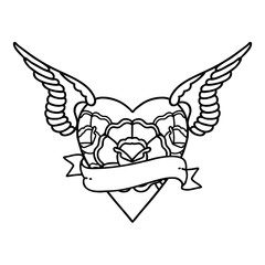 black line tattoo of a heart with wings flowers and banner