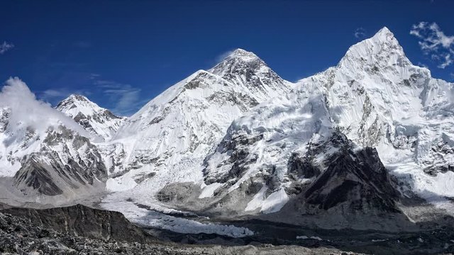 Panorama view of the Everest range in the Himalayas in Nepal
