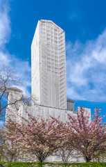 Paris, France - 04 06 2019: Church of the Holy Trinity with a canvas scaffolding