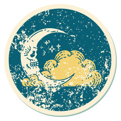distressed sticker tattoo style icon of a skull crescent moon and clouds