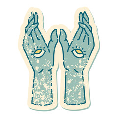 distressed sticker tattoo style icon of mystic hands