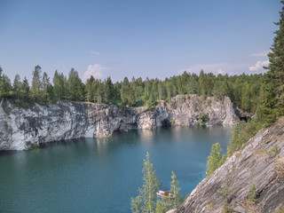 Marble Lake in Ruskeala Mountain Park in Karelia, Russia. An international tourist route, Blue Highway goes through Ruskeala.