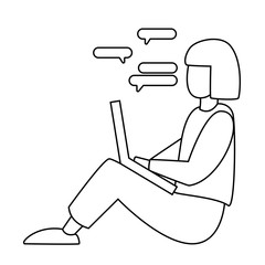 Stylish hipster girl chatting on laptop, sketch style. Chatting on social media concept. Freelance girl sitting with laptop, coloring page. Modern hand drawn vector illustration.
