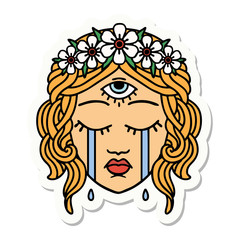 tattoo style sticker of female face with third eye crying