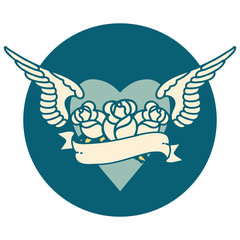 tattoo style icon of a heart with wings flowers and banner