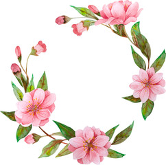 Watercolor floral background with cherry flowers. Spring  frame, template for your design.