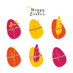 Vector bright set for Easter holiday. Cute easter eggs with feathers, branch and leaves. Eco decoration. Perfect for textile, wrapping paper, packaging design, card, invitation