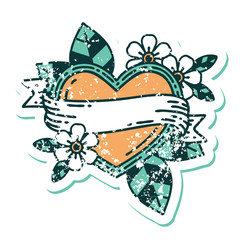distressed sticker tattoo style icon of a heart and banner