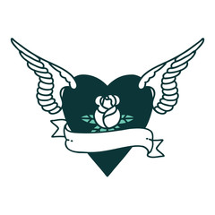 tattoo style icon of a heart with wings a rose and banner