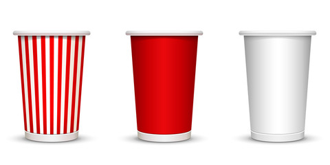 Cardboard cap for popcorn and coffee, in a striped red and white version. Vector illustration.
