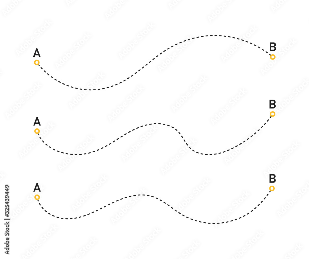 Poster route location icon with path from a to b. airplane travel concept. start and end journey symbol